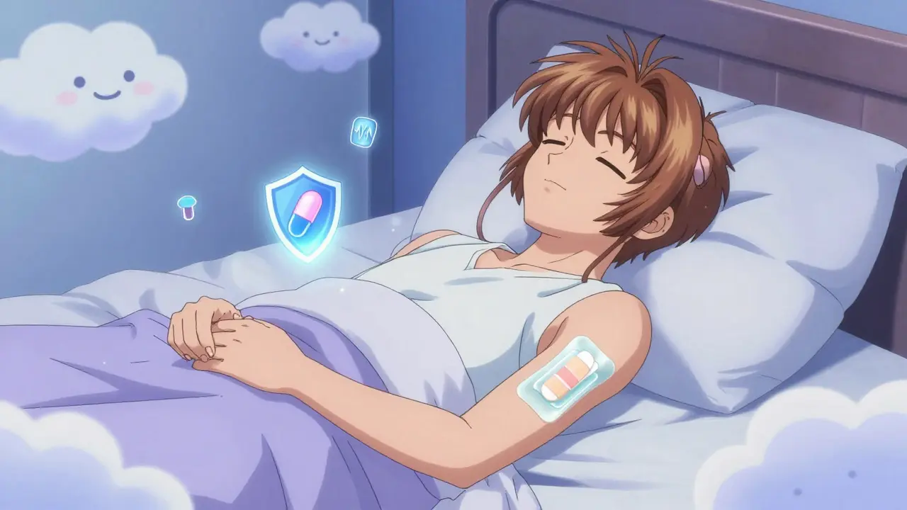 A senior sleeping peacefully with a glowing buprenorphine patch on his arm, surrounded by protective magical symbols.