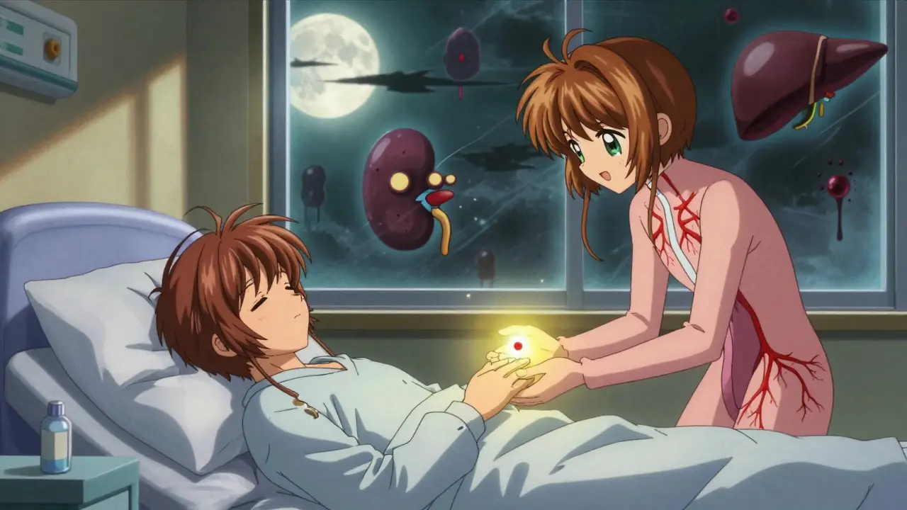 A sleeping patient surrounded by spirit-like kidney and liver figures holding hands over a glowing apixaban tablet, shadows of clots outside.