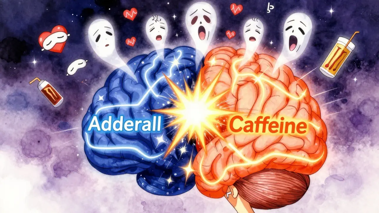 A surreal brain illustration with clashing Adderall and caffeine pathways, sparking with anxiety symbols and floating heartbeats.