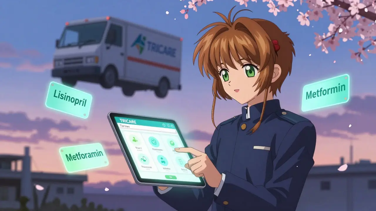 A teen uses a holographic TRICARE formulary screen with floating generic drug labels in a dreamy setting.