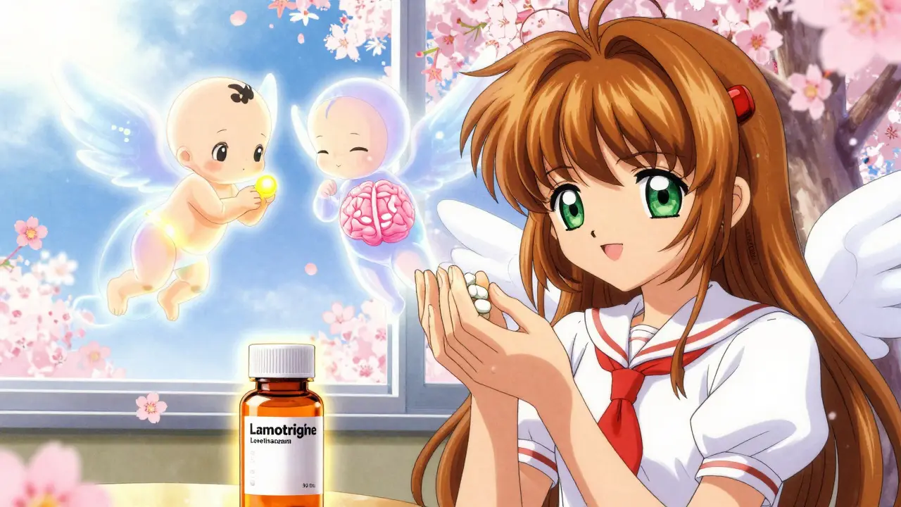 A woman takes safe seizure meds with folic acid, glowing spirits protect her and her unborn child.