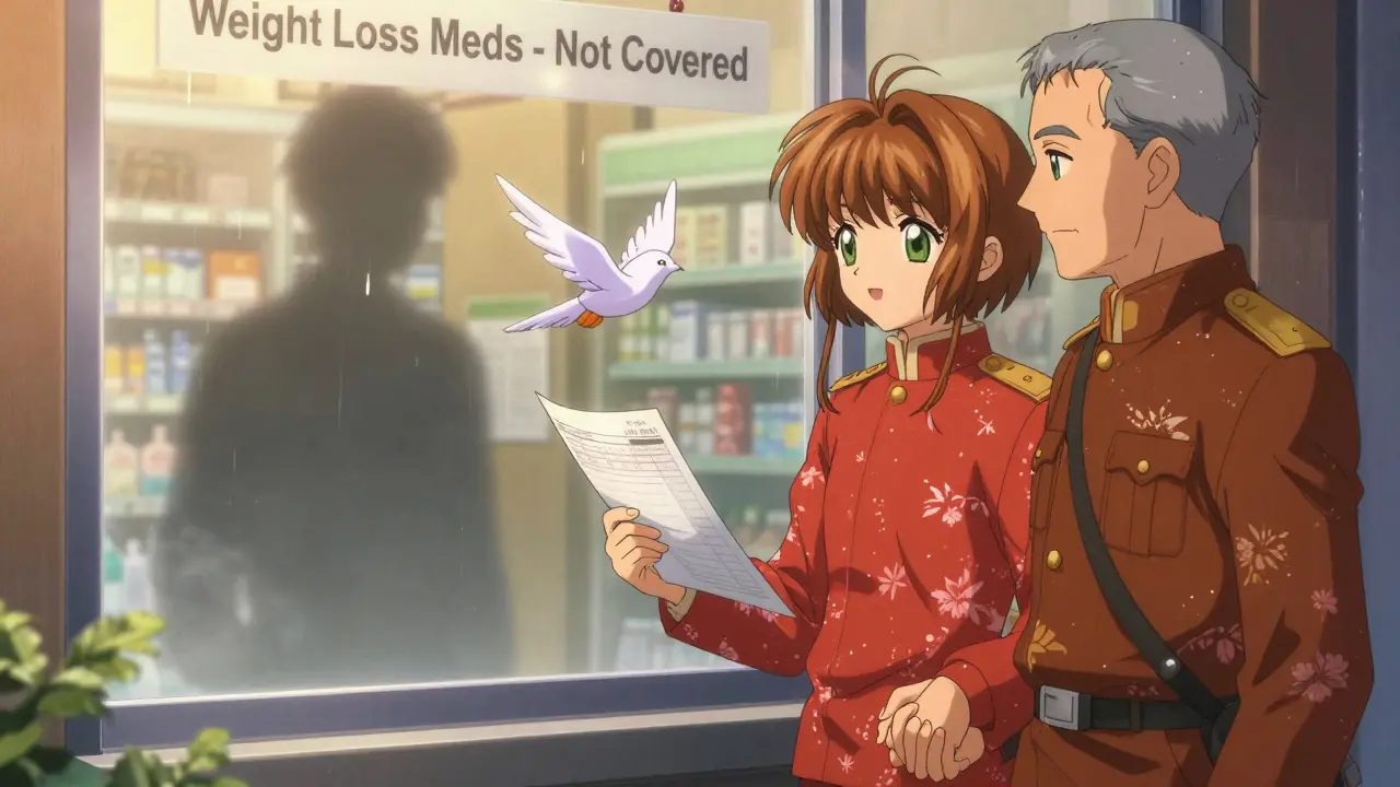 An elderly couple stands outside a pharmacy as a formulary page turns into a flying paper bird.