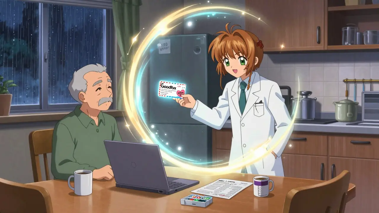 An elderly man at home receiving a financial aid coupon through a magical portal from a pharmacist.