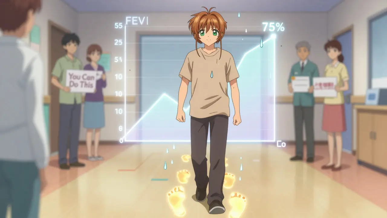 Man walking in rehab with glowing footprints and improving lung graph, supportive figures nearby.