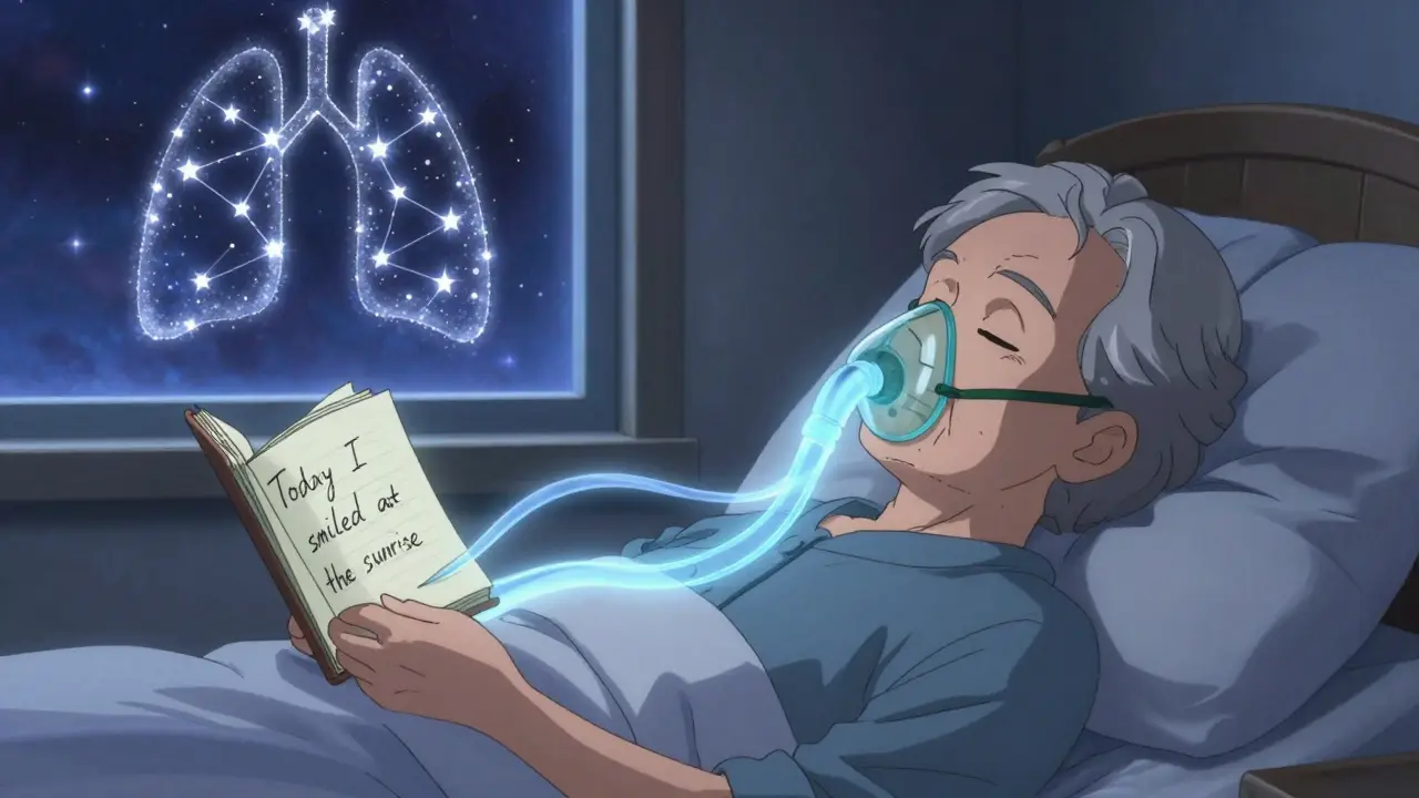 Patient sleeping with glowing oxygen ribbons flowing into lungs, journal floating beside bed, star-shaped lung in window.