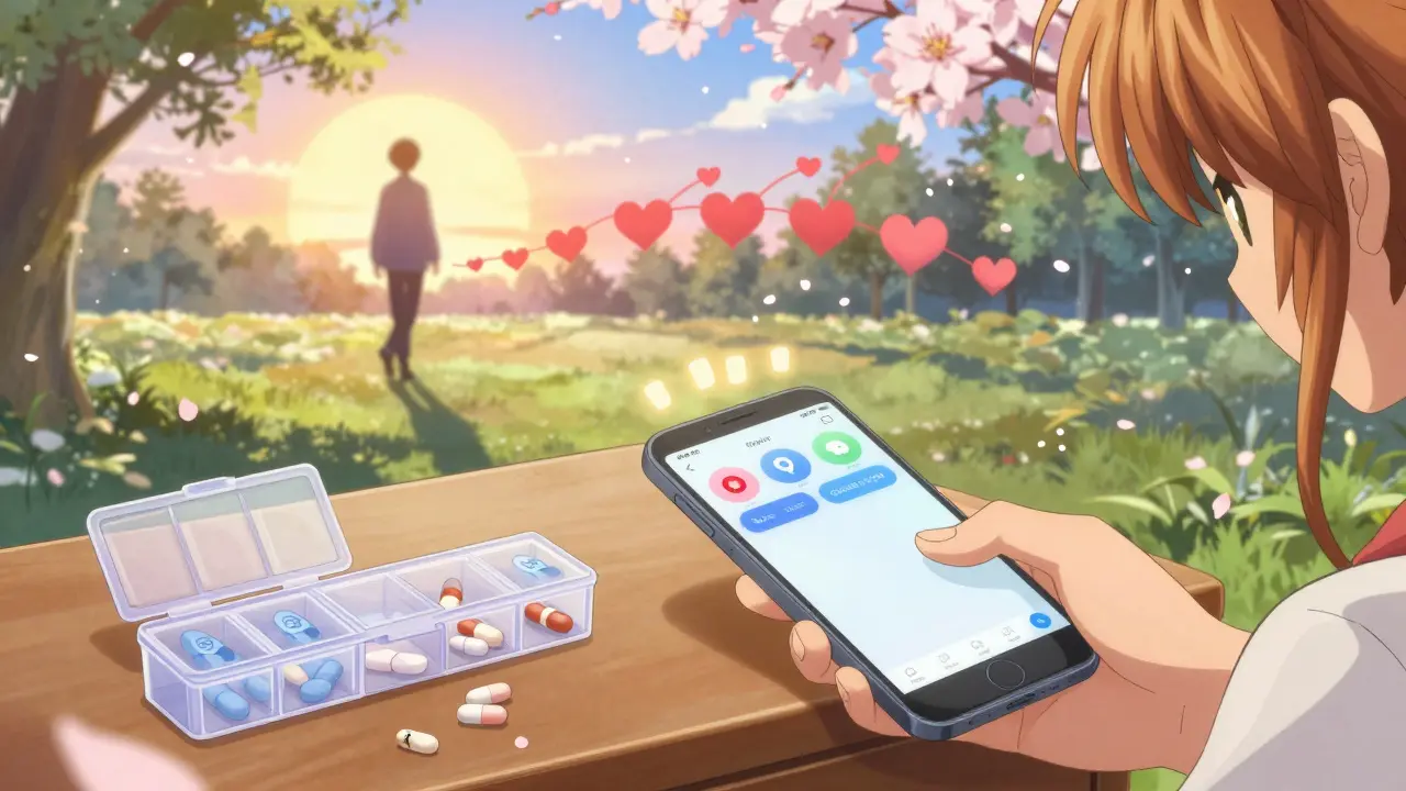 Person walking toward sunrise with digital tools and heart-shaped petals, representing holistic recovery.