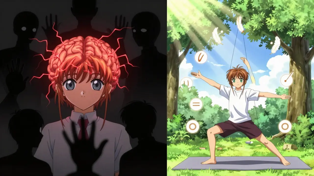 Split scene: chaotic brain signals vs. calm balance exercises under a tree with floating feathers restoring harmony.