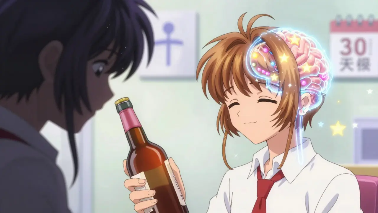 Split scene of craving versus balanced brain, with soft colors showing inner peace after AUD treatment.