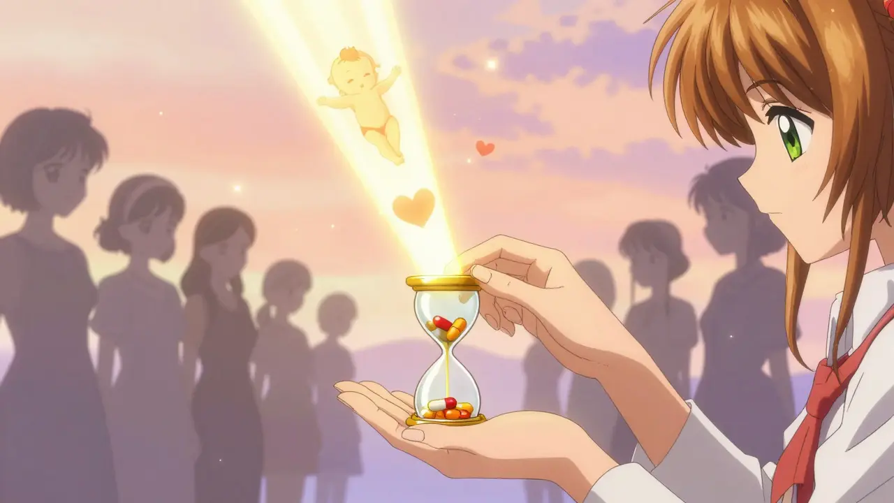 A hand places a folic acid capsule into a golden hourglass, with light forming babies and a heart in the sky.
