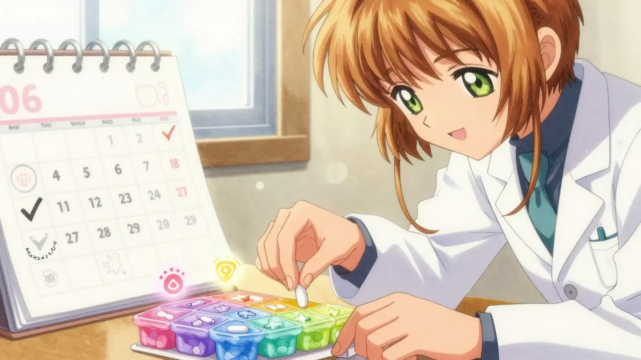 A hand using a star-shaped pill organizer with glowing alarms, next to a smiling pharmacist and sunlit calendar.