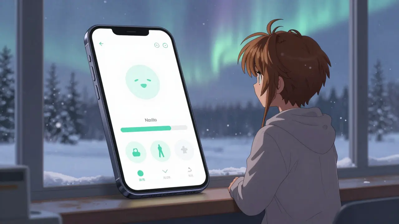 A lone user in Sweden viewing a minimalist mental health app at dawn, snow falling outside, with a soft aurora glow around the screen.