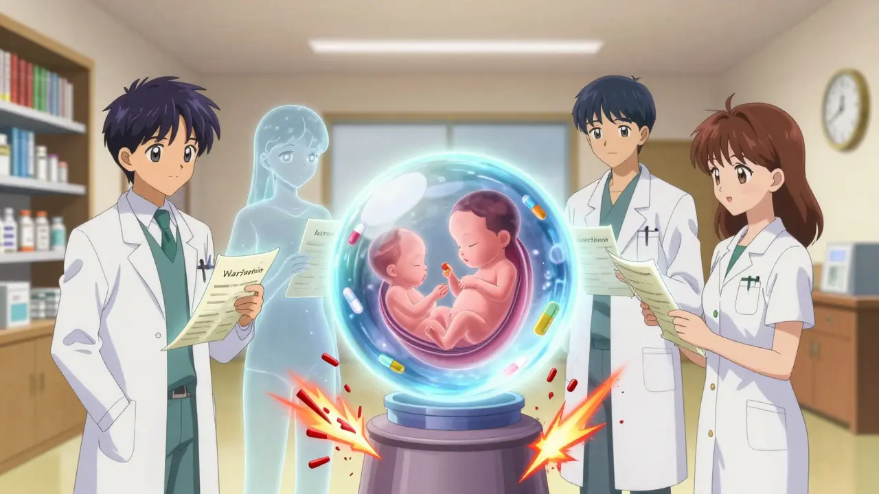 A medical team surrounds a glowing fetal orb, with safe medications represented by scrolls and dangerous ones shattering.