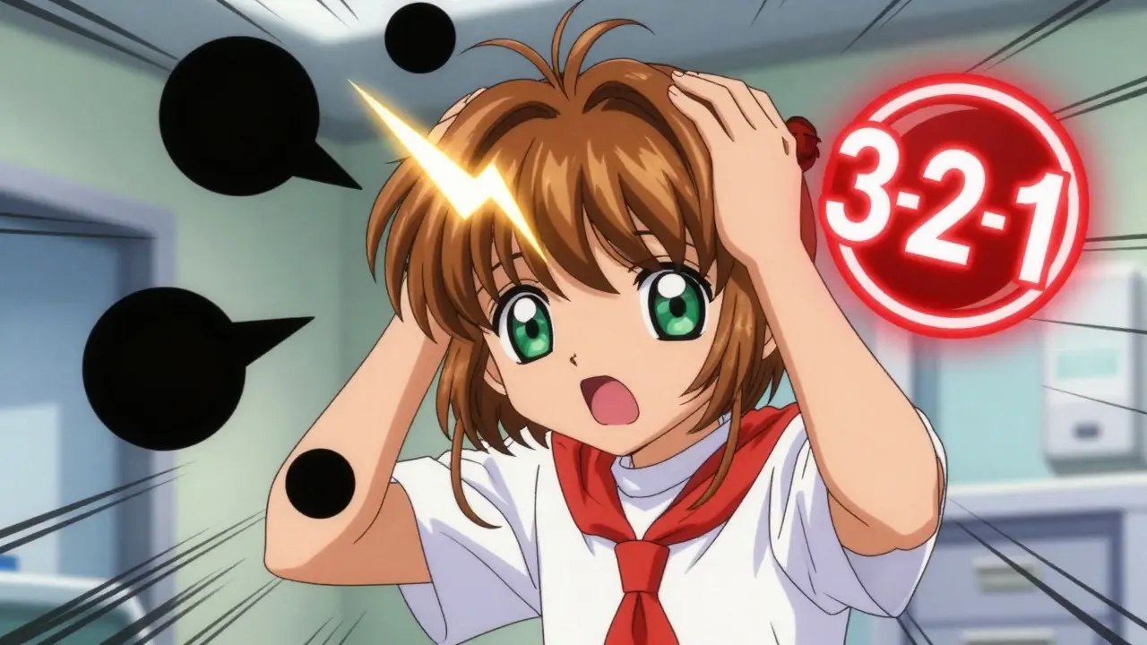 A patient alarmed by sudden floaters and flashes, with a warning 3-2-1 icon, in anime style.