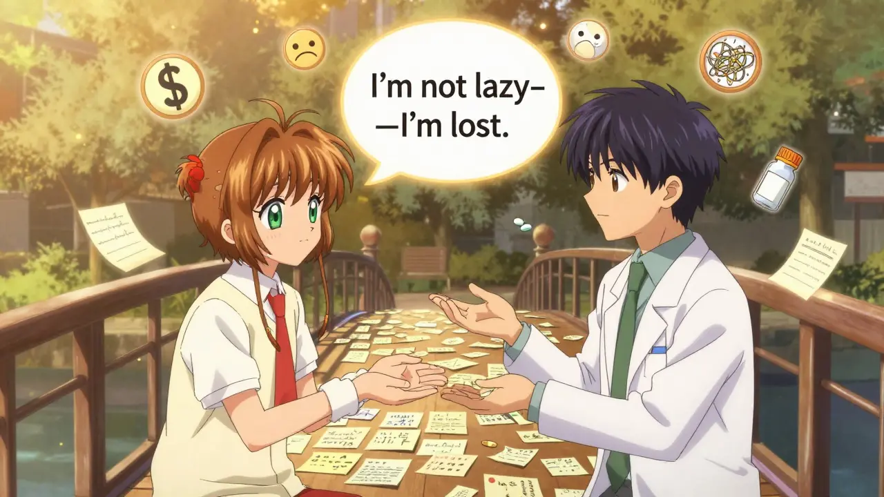 A patient and doctor connected by a glowing dialogue bubble showing barriers like cost and confusion, with hands forming a bridge.