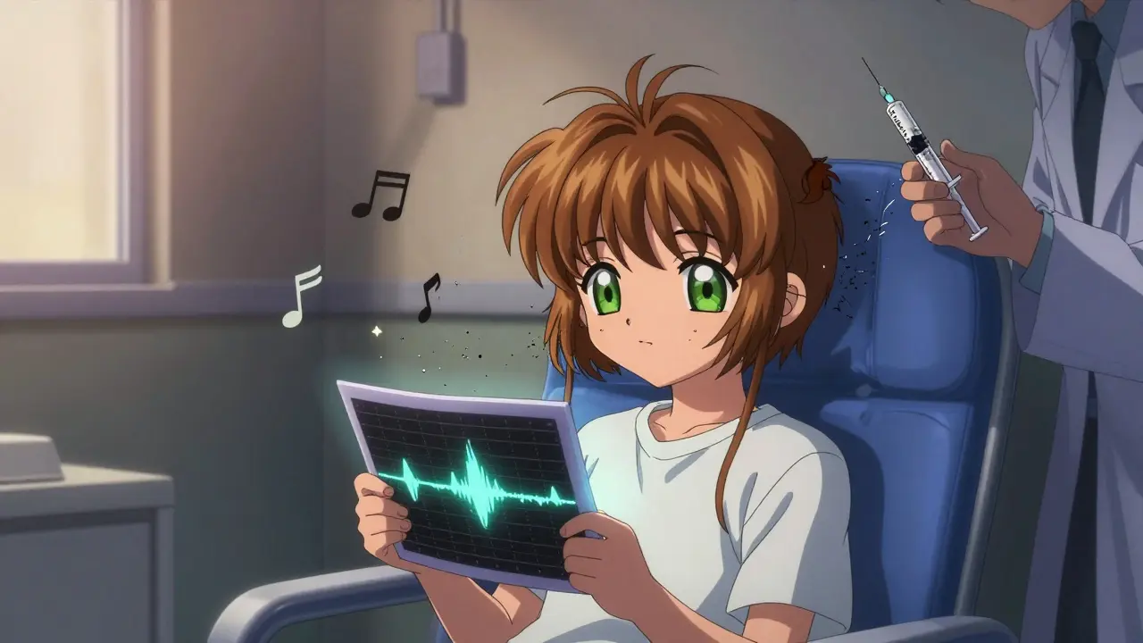 A patient holding a fading audiogram as musical notes crumble around them, symbolizing hearing loss.