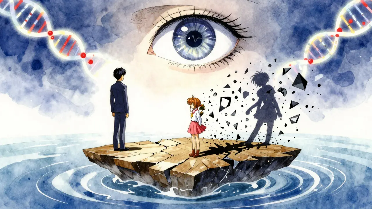 A person struggling to balance on a crumbling platform, with DNA mutations floating above in anime style.