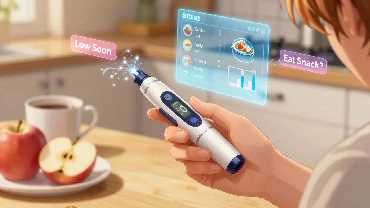 A person uses a smart insulin pen that projects a holographic dashboard of meal, activity, and insulin data above their hand.