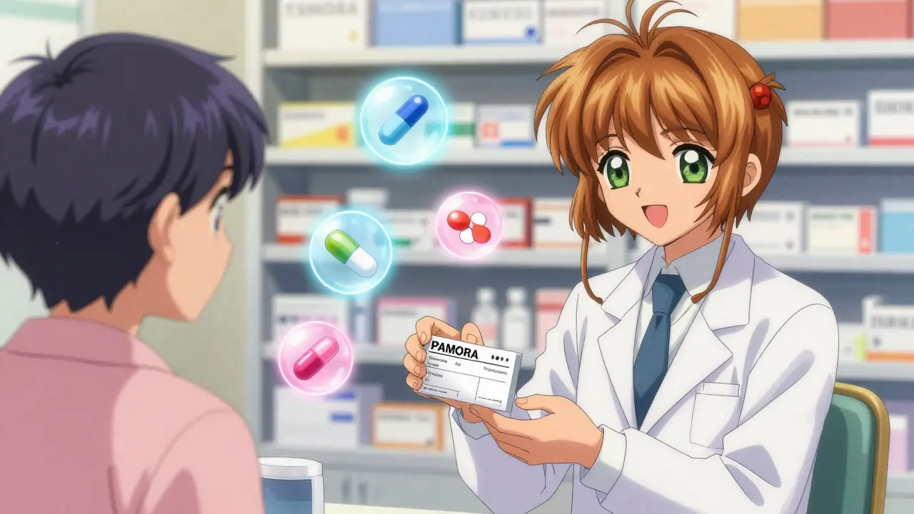 A pharmacist kindly hands a patient a prescription, with floating icons of OIC medications glowing softly nearby.