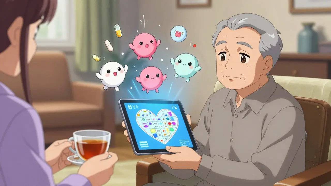 An elderly man using a tablet with animated medication avatars, cared for by a supportive hand offering tea.