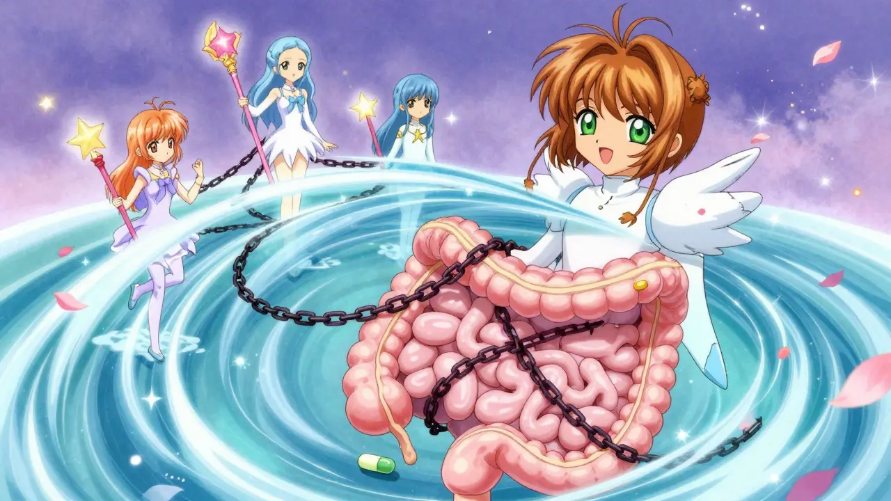 An enchanted digestive tract is freed from dark chains by magical guardian figures representing PAMORA drugs.