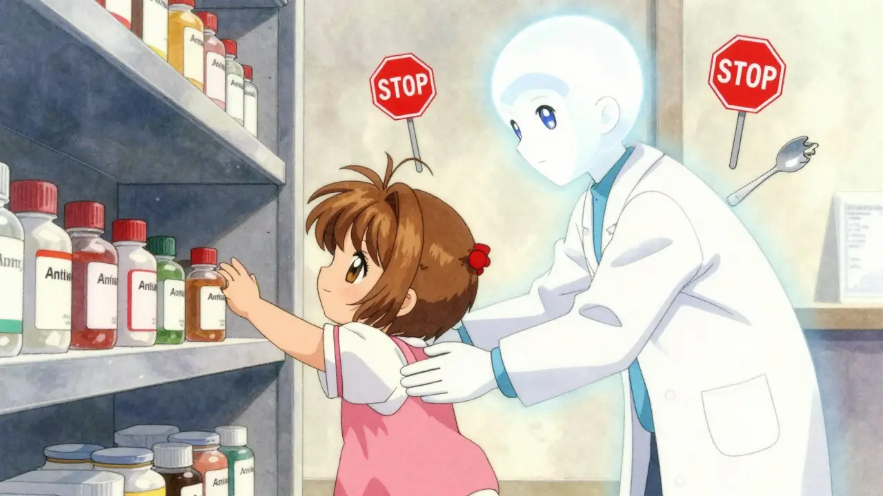 Child reaches for medicine bottle as a guardian figure stops them, with warning signs floating nearby.