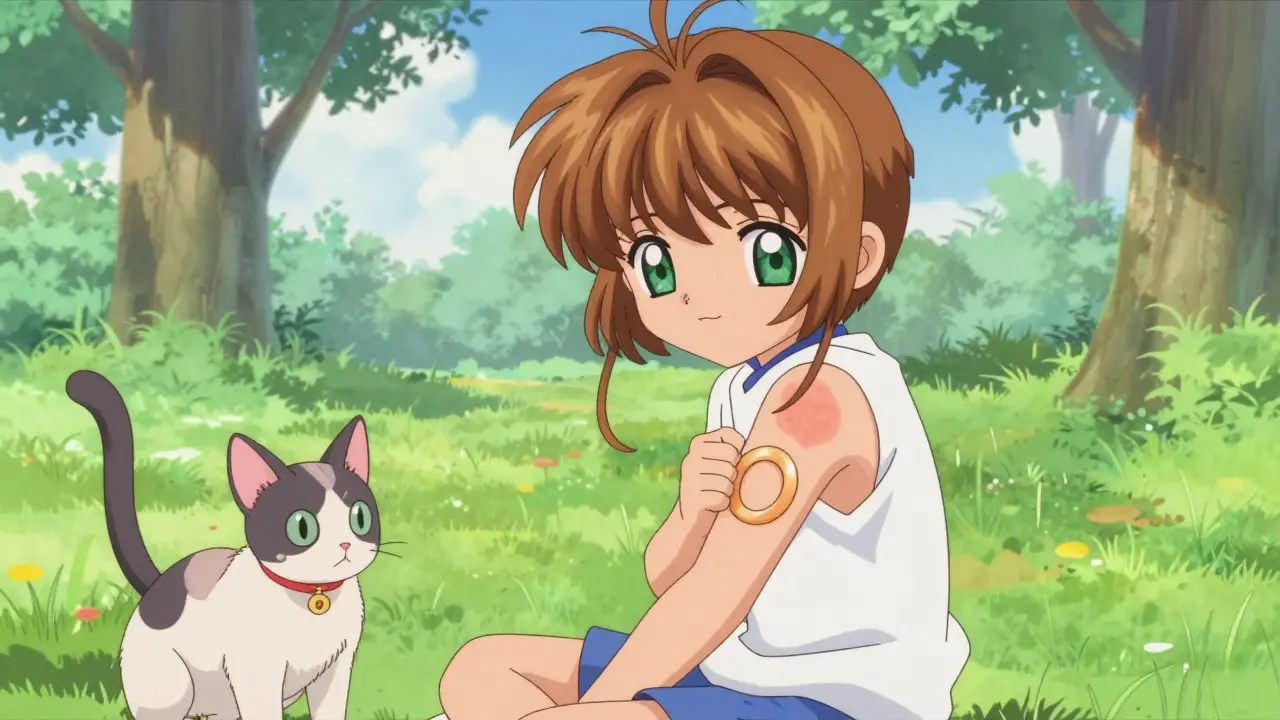 Child with ring-shaped rash and cat with bald patches in sunny park.