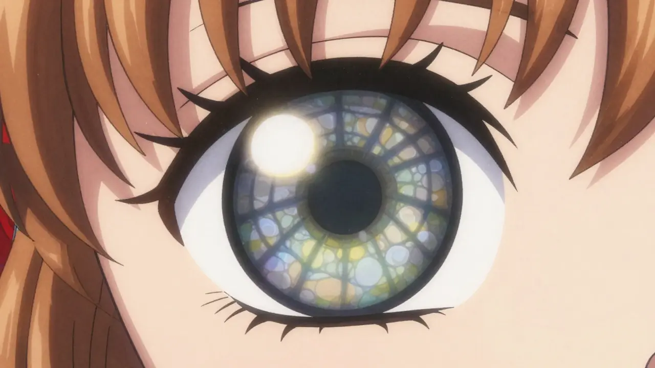 Close-up of an eye showing internal floaters and a clear artificial lens, in anime style.