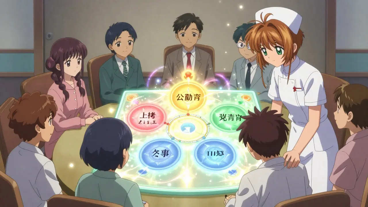 Ethics committee gathered around a glowing decision board with four ethical principles floating in soft light.