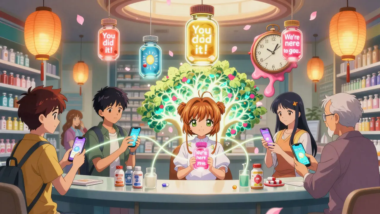 Floating digital pill bottles glowing with encouraging messages, connected to users by shimmering light threads.