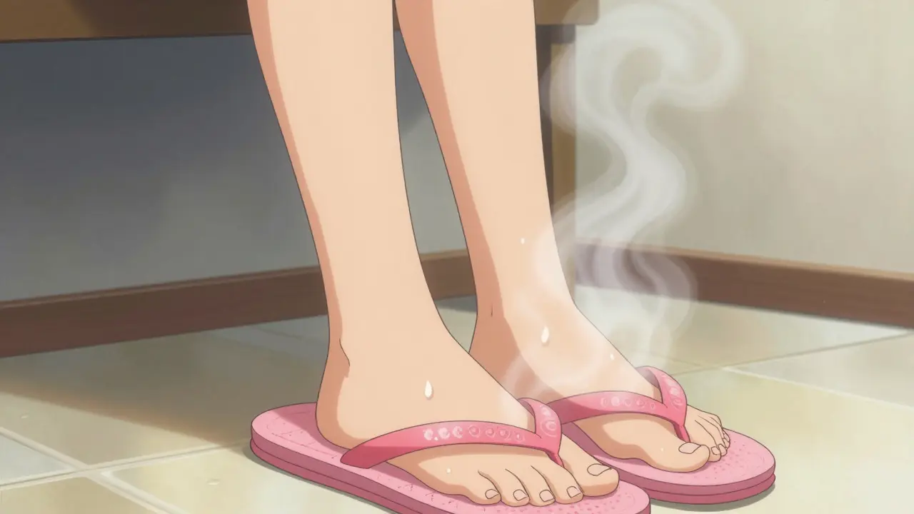 Person drying feet after shower wearing flip-flops in steamy bathroom.