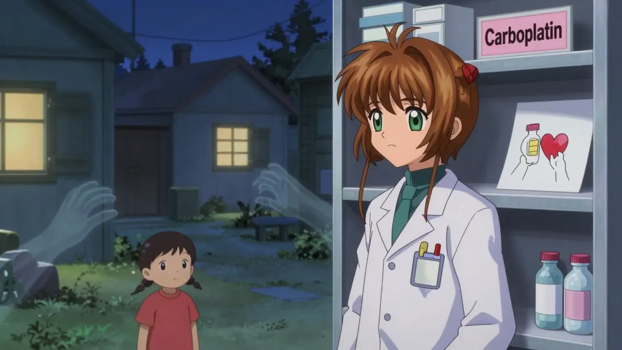 Pharmacist facing an empty drug shelf at dusk, a child’s drawing of a heart-shaped pill nearby.