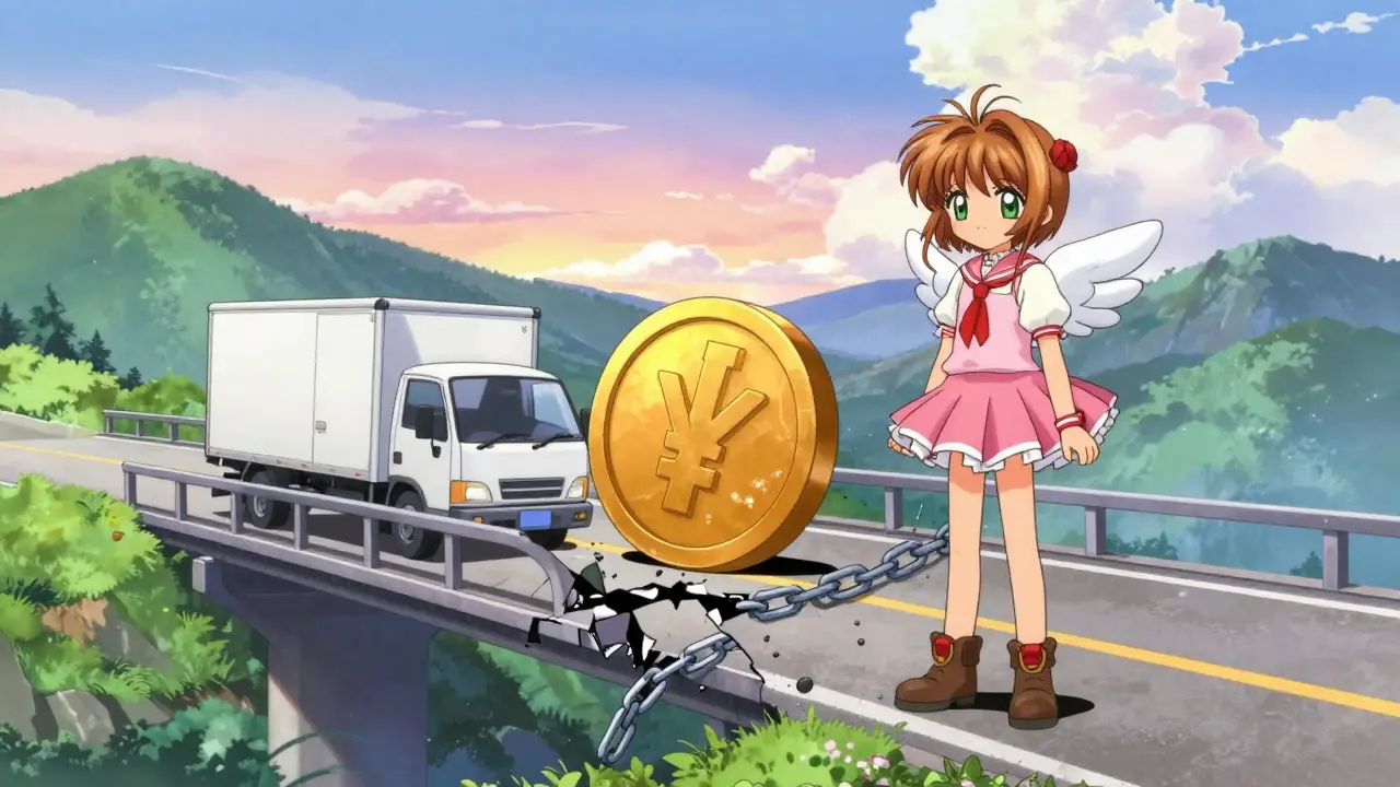 Truck stranded on mountain road blocked by tax symbol and broken chain; rural setting with sunset lighting