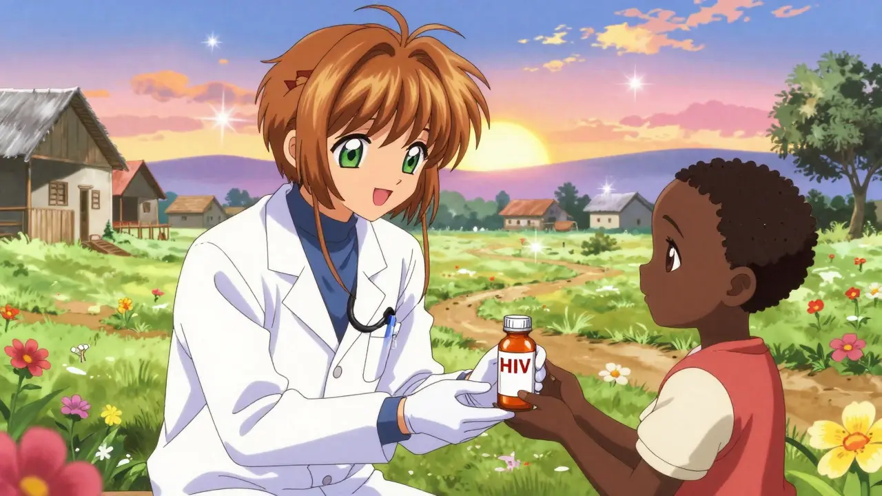 Ugandan clinic doctor hands generic HIV medicine to smiling child, vibrant sunrise with sparkles over village