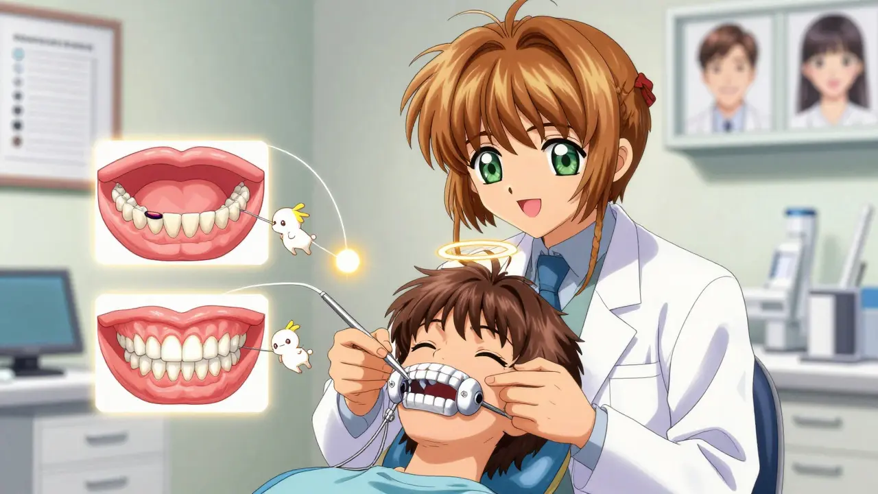 A dentist carefully fits a custom mandibular advancement device in a patient's mouth, with animated diagrams showing jaw movement.