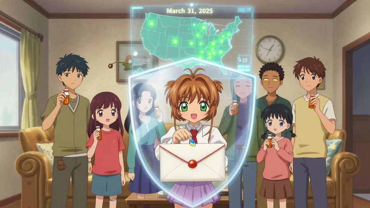 A family together placing pills into an envelope, surrounded by a protective shimmering shield.
