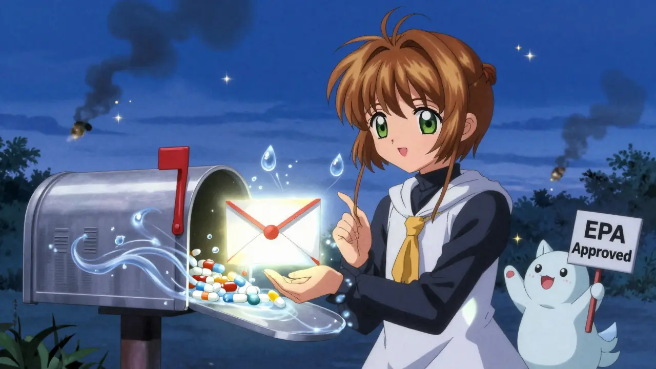 A glowing mailbox receiving a sealed drug disposal envelope with magical sparkles around it.