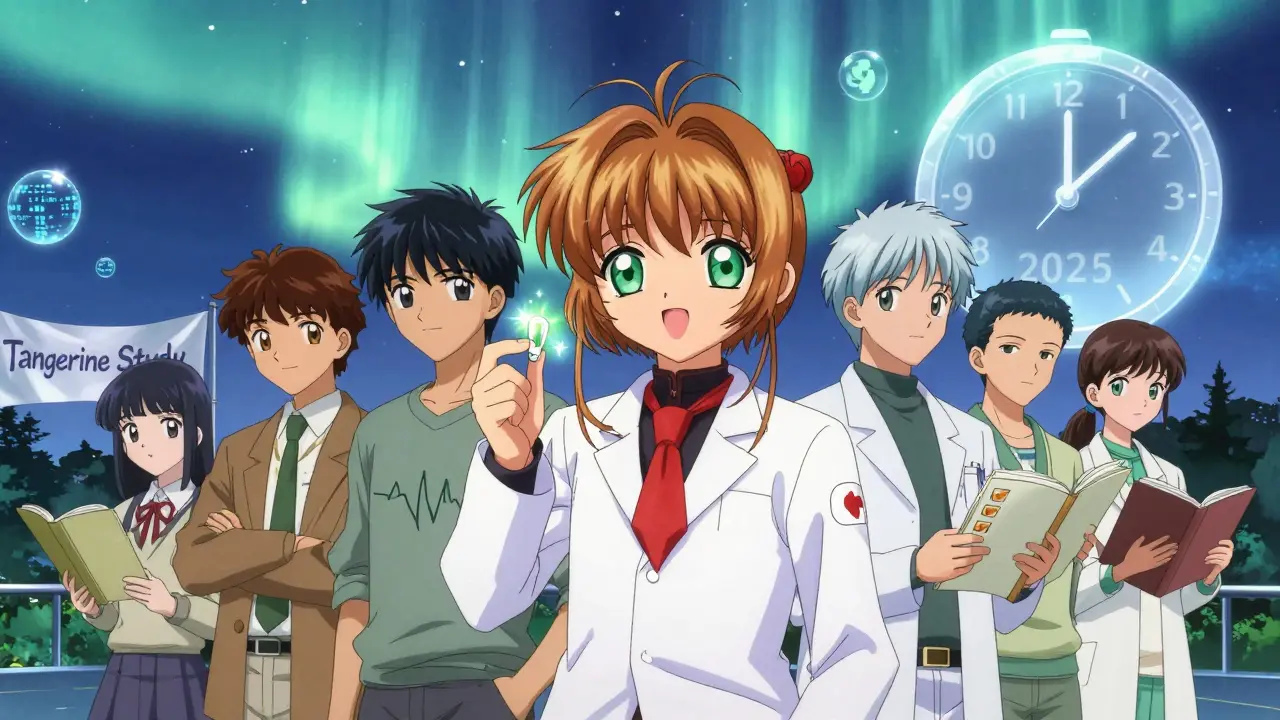 A group of diverse people under a glowing banner labeled 'Tangerine Study' with data orbs.