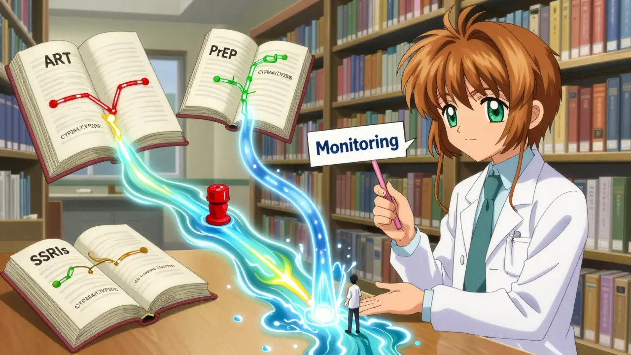 A magical library with glowing enzyme pathways being guided by a medical figure.