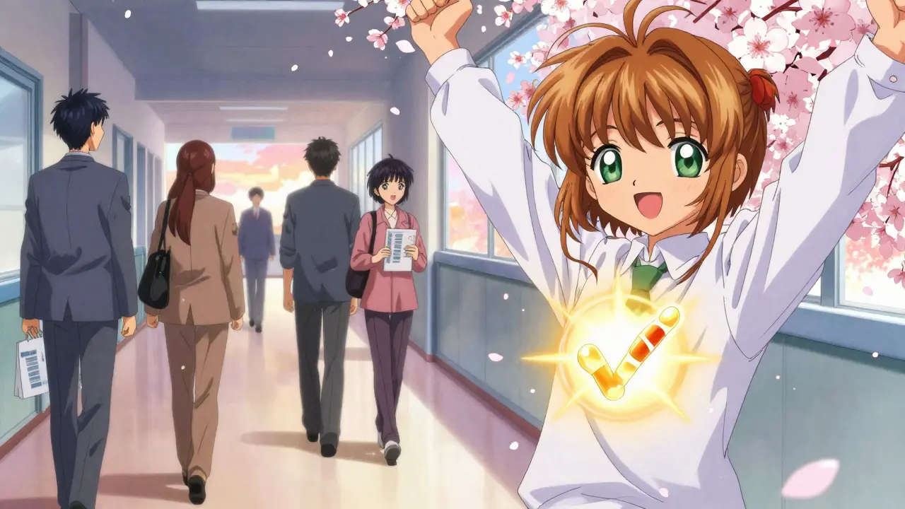 A patient smiles as a glowing antibiotic symbol confirms a negative allergy test, with others walking freely in the background.