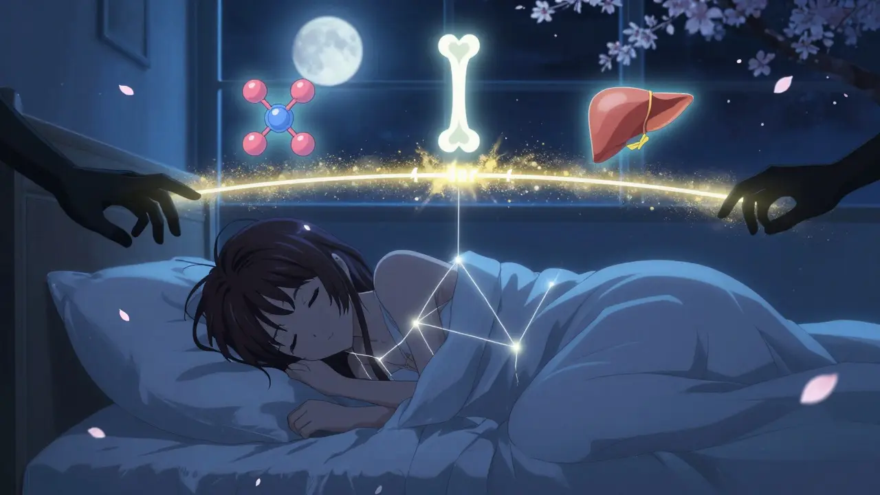A sleeping woman under a blanket, with glowing health symbols above her, separated by a golden 4-hour barrier as cherry blossoms drift in through the window.