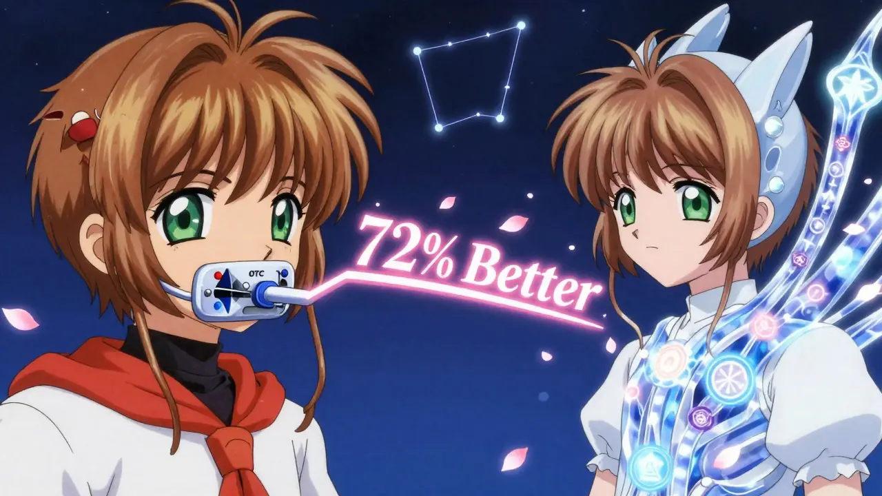 A split scene compares an ineffective OTC device with a radiant custom MAD, highlighting superior airway flow and effectiveness.