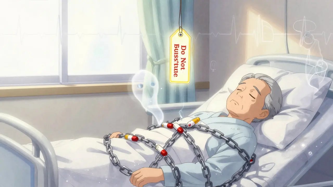 An elderly patient sleeps as ghostly chains of pill bottles and test results tighten around them, with a 'Do Not Substitute' charm floating above.