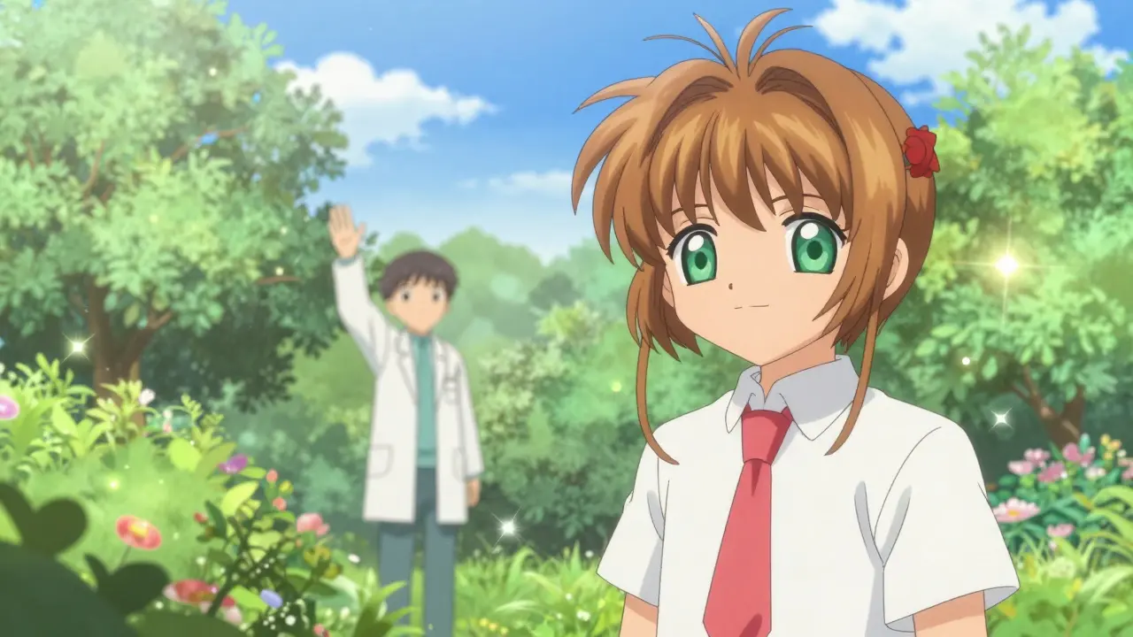 Happy character in garden with doctor waving in background.