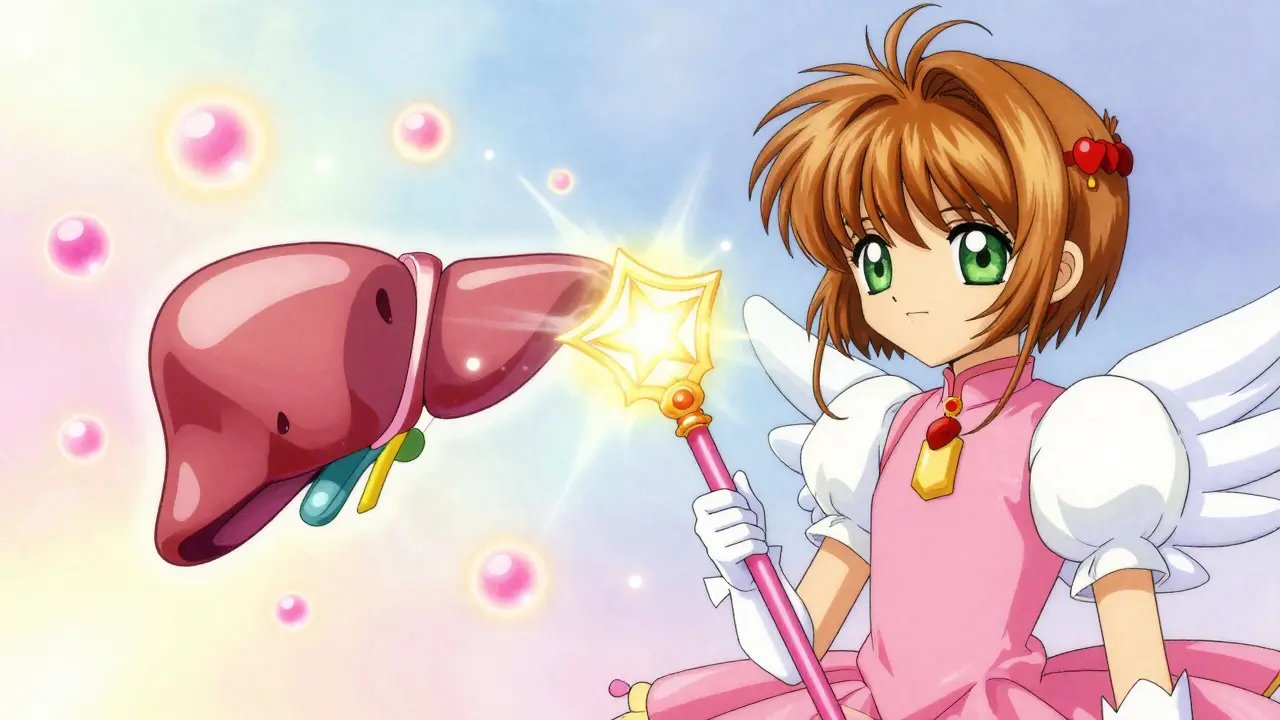 Magical guardian filtering glowing pills safely into light particles.