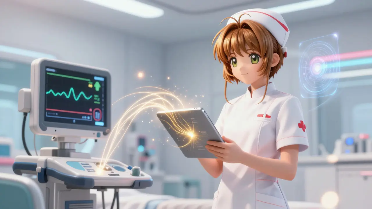 Nurse using glowing tablet with abstract data in hospital