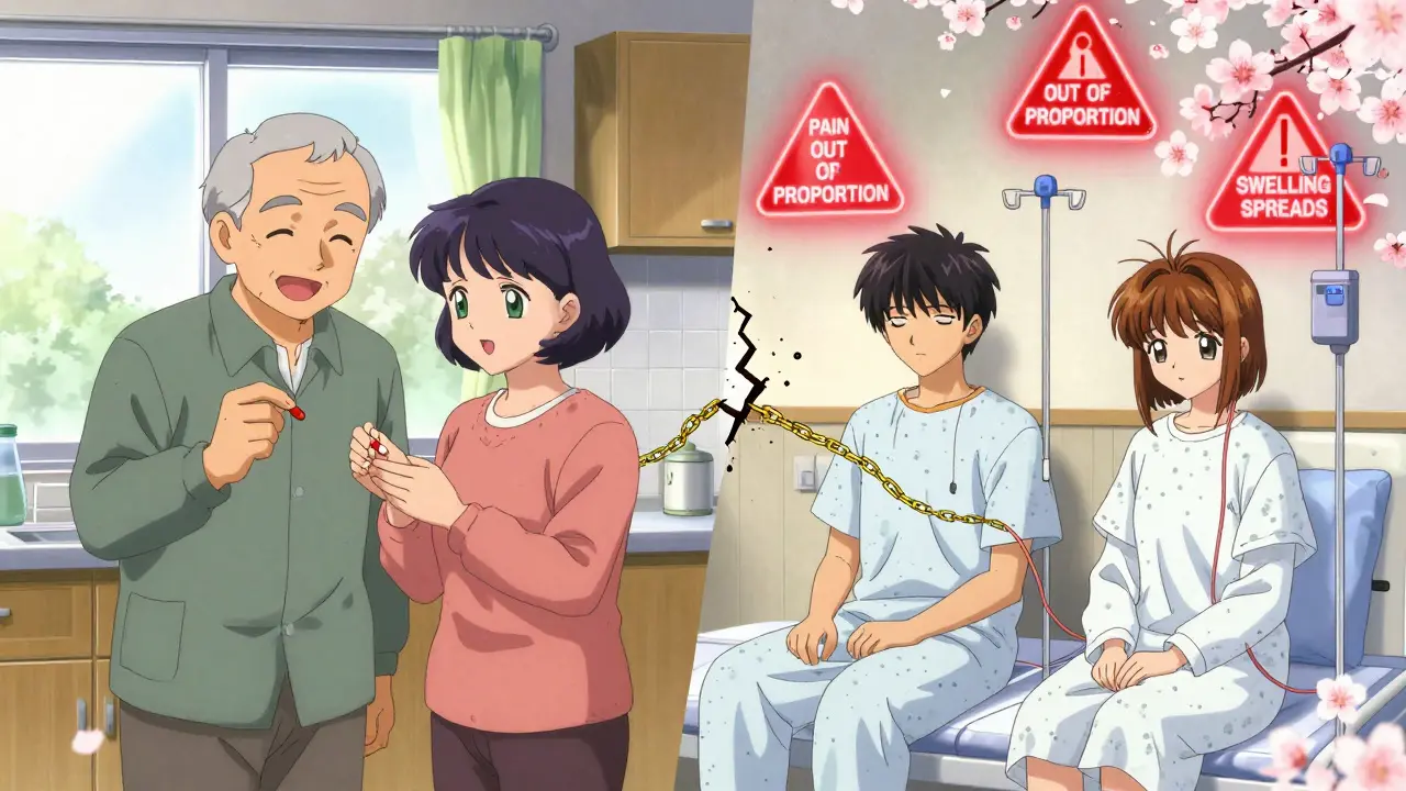 Split scene: a happy couple taking pills transitions to them hospitalized, surrounded by floating warning symbols and falling black cherry blossoms.