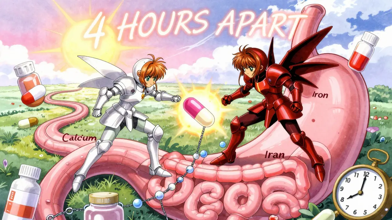 Two armored figures labeled Calcium and Iron battling inside a glowing intestine, an antibiotic capsule trapped between them, with a clock showing 7 AM and 8 PM in the background.