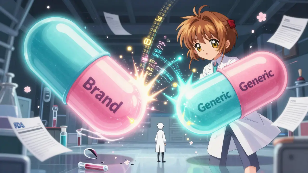 Two giant pills battle in a lab, emitting data streams as a scientist watches, representing the scientific and commercial challenges of NTI combination generics.