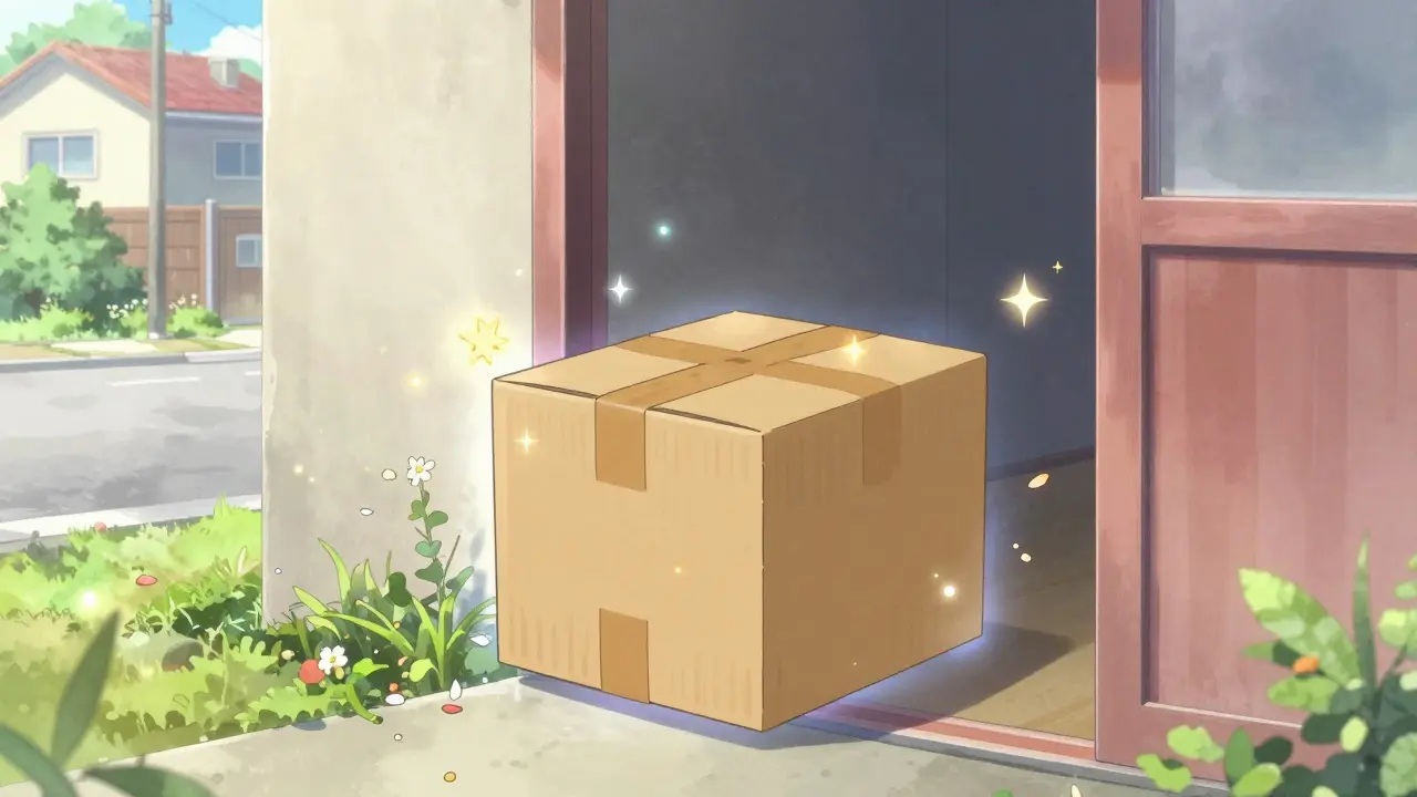 A delivered package with magical sparkles on a peaceful doorstep