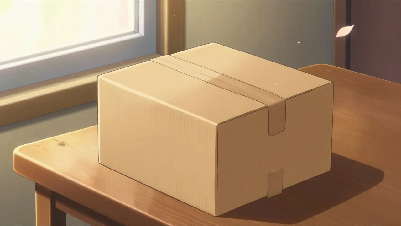 A discreet brown delivery package on a table with soft golden lighting in anime style